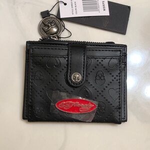 Ed Hardy Black Faux Leather Card Wallet With Embossed Skull & Heart Pattern NWT